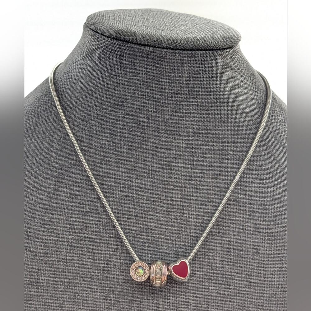 Vintage Avon Collectible Silver Tone Love Heart Rhinestone Slide Charm Necklace